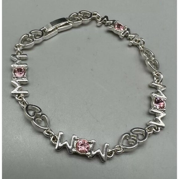 3/$30 Mom Bracelet Pink Rhinestone Heart Link Silver Gift Jewelry for Her 7" - Picture 4 of 12